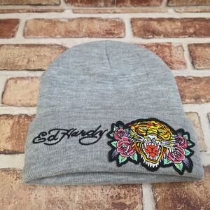 Ed Hardy Gray Beanie with Tiger and Floral Design